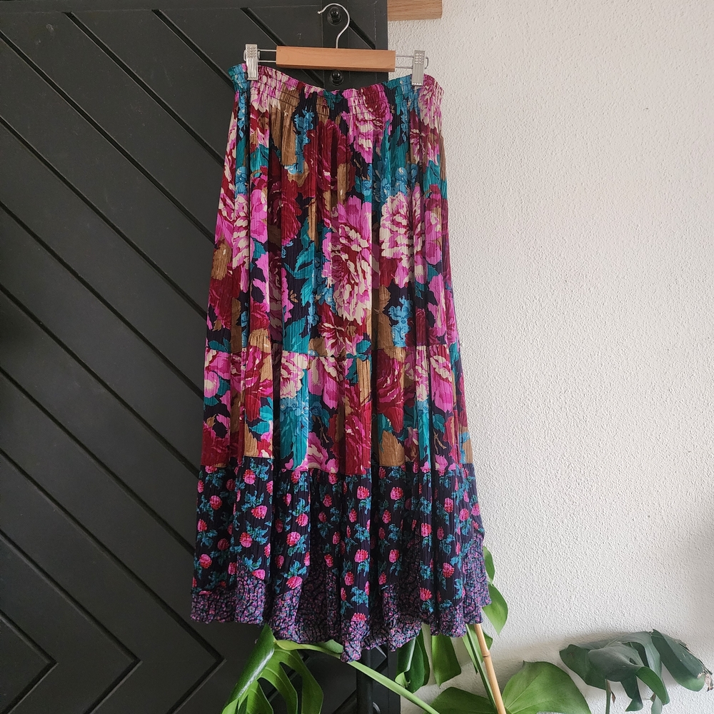 Vintage Carole Little Vibrant Floral Maxi Skirt - Pink, Blue, Brown